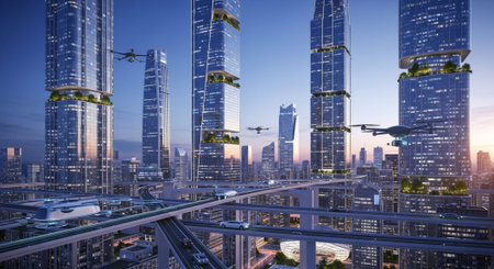 Futuristic Smart City Skyline with Neon Lights and Advanced Transportation Technology.