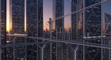 Futuristic Smart City Skyline with Neon Lights and Advanced Transportation Technology.
