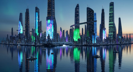 Futuristic Smart City Skyline with Neon Lights and Advanced Transportation Technology.の写真素材