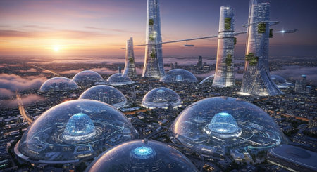 Futuristic Smart City Skyline with Neon Lights and Advanced Transportation Technology.