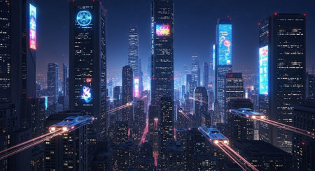 Futuristic Smart City Skyline with Neon Lights and Advanced Transportation Technology.