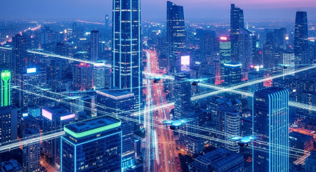 Futuristic Smart City Skyline with Neon Lights and Advanced Transportation Technology.