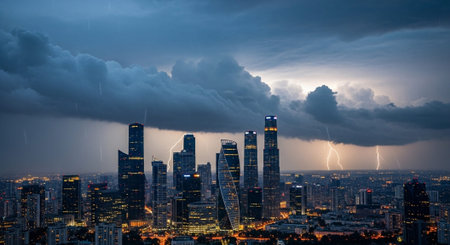 Futuristic Smart City Skyline with Neon Lights and Advanced Transportation Technology.