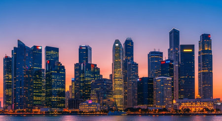 Futuristic Smart City Skyline with Neon Lights and Advanced Transportation Technology.の写真素材