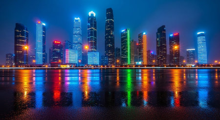 Futuristic Smart City Skyline with Neon Lights and Advanced Transportation Technology.