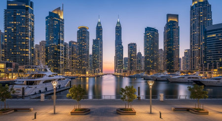 Futuristic Smart City Skyline with Neon Lights and Advanced Transportation Technology.の写真素材