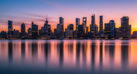 Futuristic Smart City Skyline with Neon Lights and Advanced Transportation Technology.の写真素材