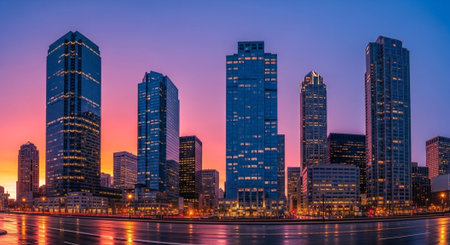 Futuristic Smart City Skyline with Neon Lights and Advanced Transportation Technology.
