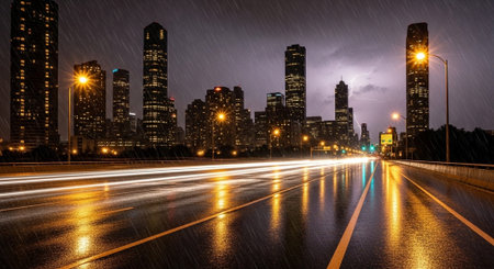 Futuristic Smart City Skyline with Neon Lights and Advanced Transportation Technology.