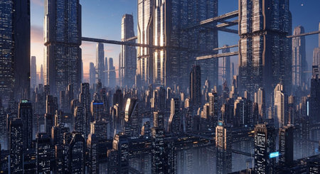 Futuristic Smart City Skyline with Neon Lights and Advanced Transportation Technology.