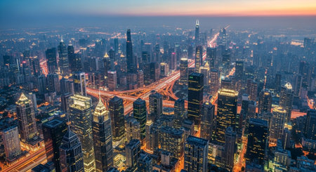 Futuristic Smart City Skyline with Neon Lights and Advanced Transportation Technology.