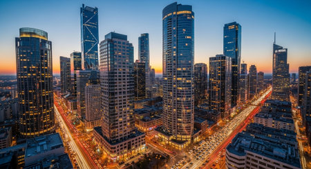 Futuristic Smart City Skyline with Neon Lights and Advanced Transportation Technology.