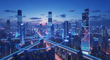 Futuristic Smart City Skyline with Neon Lights and Advanced Transportation Technology.