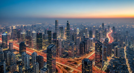 Futuristic Smart City Skyline with Neon Lights and Advanced Transportation Technology.