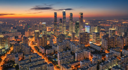 Futuristic Smart City Skyline with Neon Lights and Advanced Transportation Technology.