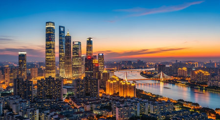 Futuristic Smart City Skyline with Neon Lights and Advanced Transportation Technology.