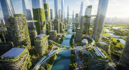 Futuristic Smart City Skyline with Neon Lights and Advanced Transportation Technology.