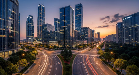 Futuristic Smart City Skyline with Neon Lights and Advanced Transportation Technology.