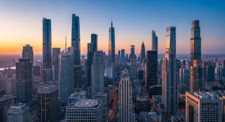 Futuristic Smart City Skyline with Neon Lights and Advanced Transportation Technology.の写真素材