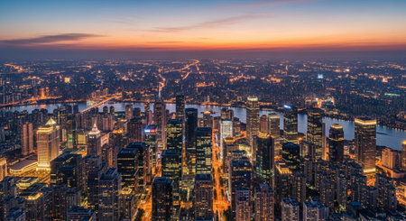 Futuristic Smart City Skyline with Neon Lights and Advanced Transportation Technology.