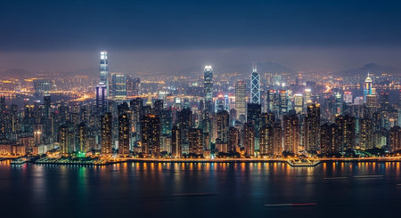 Futuristic Smart City Skyline with Neon Lights and Advanced Transportation Technology.