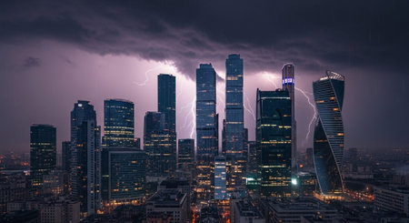 Futuristic Smart City Skyline with Neon Lights and Advanced Transportation Technology.