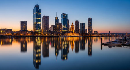 Futuristic Smart City Skyline with Neon Lights and Advanced Transportation Technology.