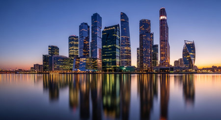 Futuristic Smart City Skyline with Neon Lights and Advanced Transportation Technology.