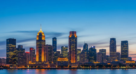 Futuristic Smart City Skyline with Neon Lights and Advanced Transportation Technology.の写真素材