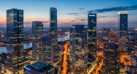 Futuristic Smart City Skyline with Neon Lights and Advanced Transportation Technology.