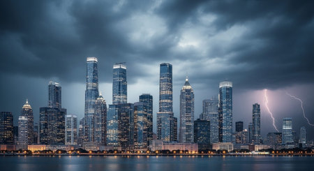 Futuristic Smart City Skyline with Neon Lights and Advanced Transportation Technology.