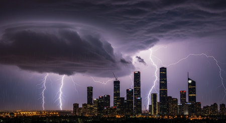 Futuristic Smart City Skyline with Neon Lights and Advanced Transportation Technology.の写真素材