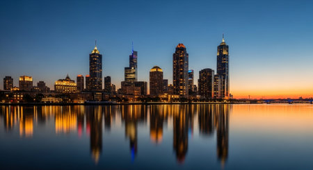 Futuristic Smart City Skyline with Neon Lights and Advanced Transportation Technology.