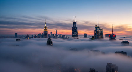 Futuristic Smart City Skyline with Neon Lights and Advanced Transportation Technology.の写真素材