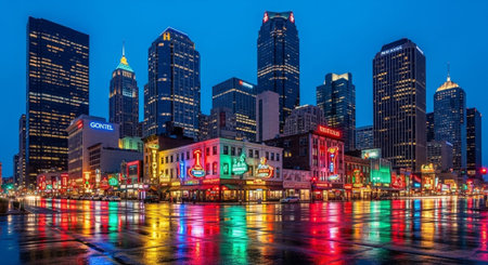 Futuristic Smart City Skyline with Neon Lights and Advanced Transportation Technology.