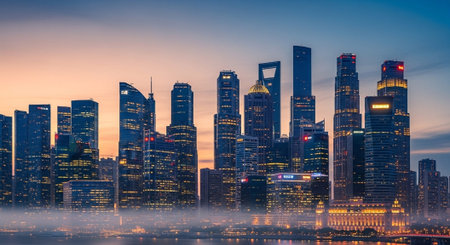 Futuristic Smart City Skyline with Neon Lights and Advanced Transportation Technology.の写真素材