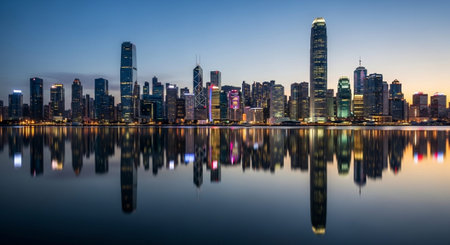 Futuristic Smart City Skyline with Neon Lights and Advanced Transportation Technology.の写真素材