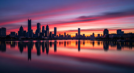 Futuristic Smart City Skyline with Neon Lights and Advanced Transportation Technology.の写真素材