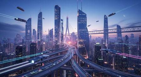 Futuristic Smart City Skyline with Neon Lights and Advanced Transportation Technology.