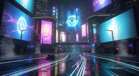 Futuristic Smart City Skyline with Neon Lights and Advanced Transportation Technology.