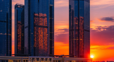 Futuristic Smart City Skyline with Neon Lights and Advanced Transportation Technology.