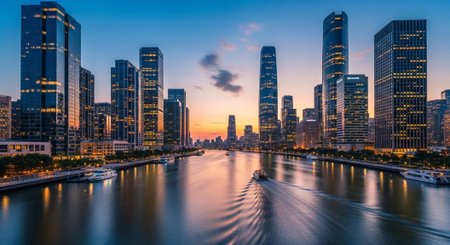 Futuristic Smart City Skyline with Neon Lights and Advanced Transportation Technology.