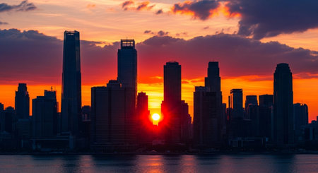 Futuristic Smart City Skyline with Neon Lights and Advanced Transportation Technology.の写真素材