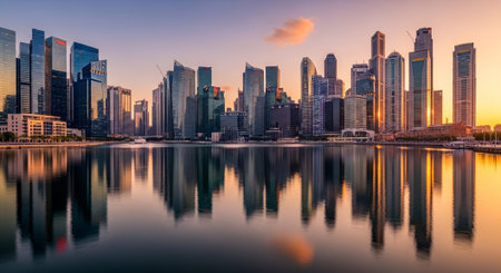 Futuristic Smart City Skyline with Neon Lights and Advanced Transportation Technology.の写真素材