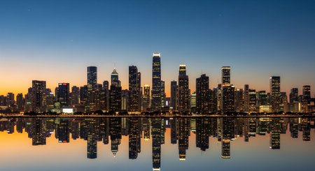 Futuristic Smart City Skyline with Neon Lights and Advanced Transportation Technology.の写真素材