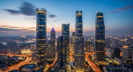 Futuristic Smart City Skyline with Neon Lights and Advanced Transportation Technology.