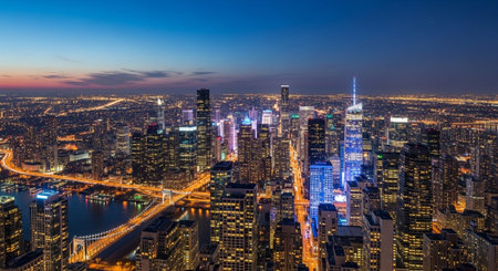 Futuristic Smart City Skyline with Neon Lights and Advanced Transportation Technology.