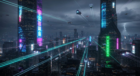 Futuristic Smart City Skyline with Neon Lights and Advanced Transportation Technology.