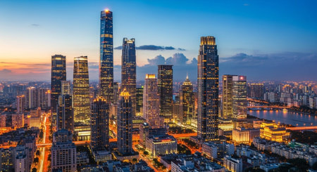 Futuristic Smart City Skyline with Neon Lights and Advanced Transportation Technology.