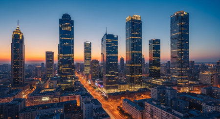 Futuristic Smart City Skyline with Neon Lights and Advanced Transportation Technology.